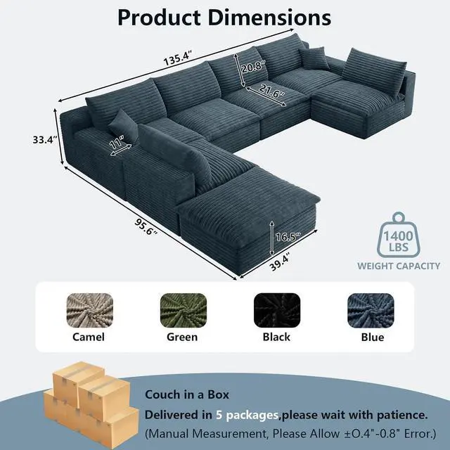 Alt view image 6 of 7 - 136" Cloud Sectional Couch with U-Shaped Chaise,6-Seater Corduroy Viral Boneless Sofa with Ottoman,Memory Foam Couches in a Box with Deep Seat for Living Room,No Assembly Required, Blue