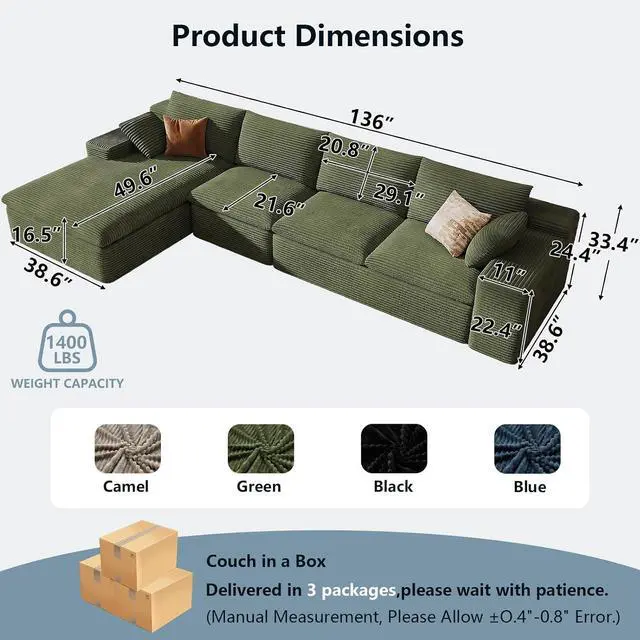 Alt view image 2 of 7 - 136" Cloud Sectional Couch with L-Shape Chaise, Modern Corduroy Viral Boneless Sofa for Living Room,Memory Foam Couches in a Box with Deep Seat,No Assembly Required (Green,Left-Facing Chaise)