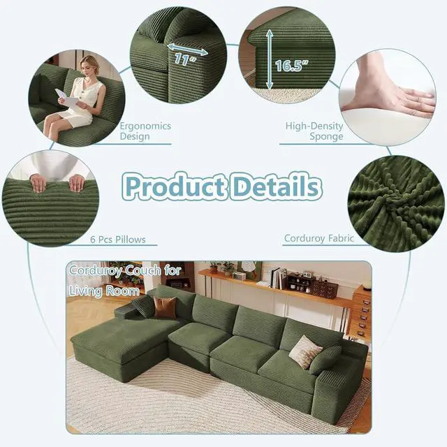 Alt view image 4 of 7 - 136" Cloud Sectional Couch with L-Shape Chaise, Modern Corduroy Viral Boneless Sofa for Living Room,Memory Foam Couches in a Box with Deep Seat,No Assembly Required (Green,Left-Facing Chaise)