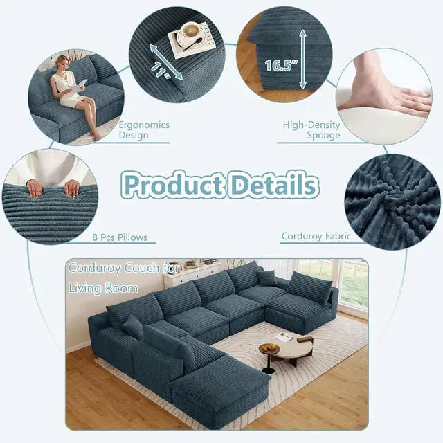 Alt view image 4 of 7 - 136" Cloud Sectional Couch with U-Shaped Chaise,6-Seater Corduroy Viral Boneless Sofa with Ottoman,Memory Foam Couches in a Box with Deep Seat for Living Room,No Assembly Required, Blue
