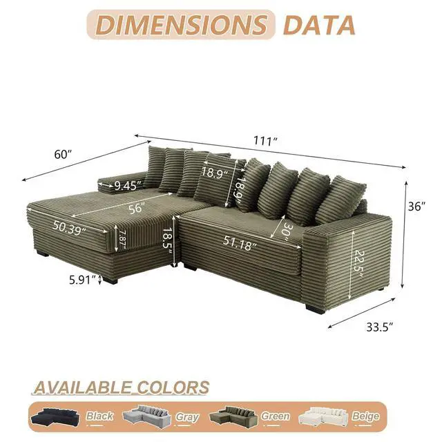 Alt view image 2 of 6 - 111" W Modular Sectional Sofa with 8 Pillows, Comfy Corduroy Cloud Couch with Chaise, L-Shaped Modern 3-Seater Sofa for Living Room or Apartment (Green, Left-Facing Chaise)