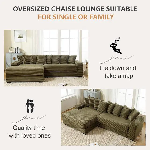 Alt view image 5 of 6 - 111" W Modular Sectional Sofa with 8 Pillows, Comfy Corduroy Cloud Couch with Chaise, L-Shaped Modern 3-Seater Sofa for Living Room or Apartment (Green, Left-Facing Chaise)