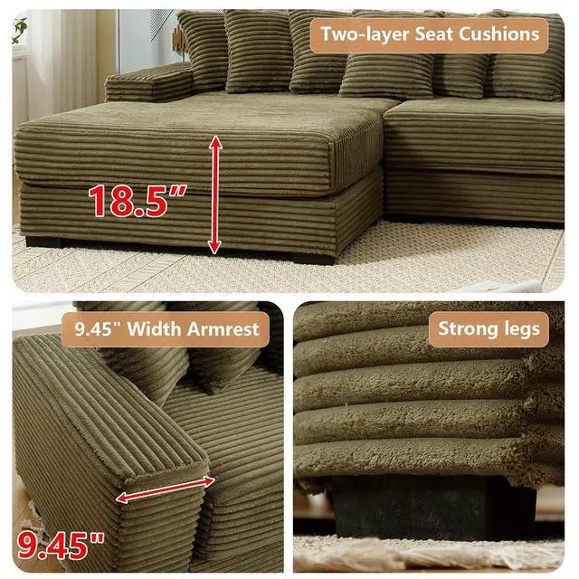 Alt view image 4 of 6 - 111" W Modular Sectional Sofa with 8 Pillows, Comfy Corduroy Cloud Couch with Chaise, L-Shaped Modern 3-Seater Sofa for Living Room or Apartment (Green, Left-Facing Chaise)