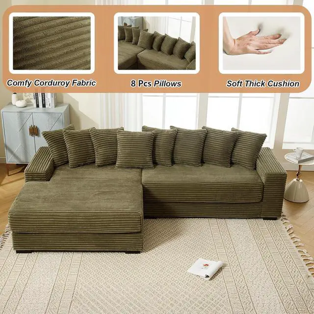 Alt view image 3 of 6 - 111" W Modular Sectional Sofa with 8 Pillows, Comfy Corduroy Cloud Couch with Chaise, L-Shaped Modern 3-Seater Sofa for Living Room or Apartment (Green, Left-Facing Chaise)