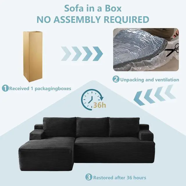 Alt view image 5 of 7 - 96" Cloud Sectional Couch with L-Shape Chaise, Modern Corduroy Boneless Couch for Living Room,Memory Foam Sofa with Deep Seat,No Assembly Required (Black,Left-Facing Chaise)