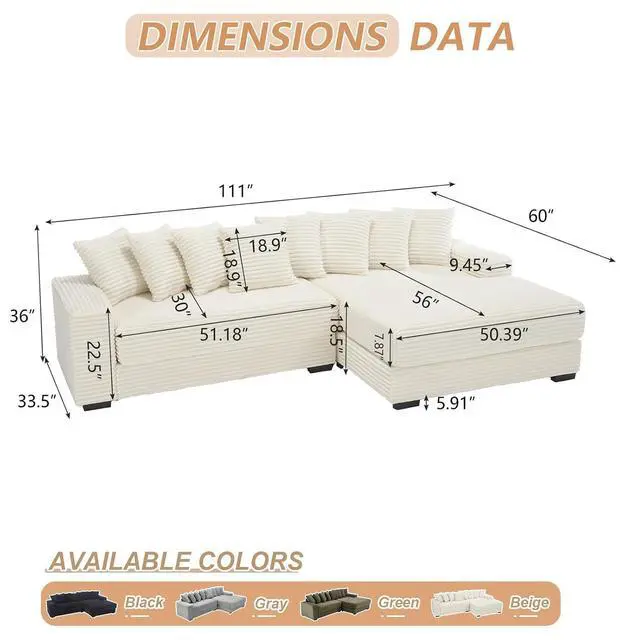 Alt view image 2 of 6 - 111" Modular Sectional Sofa with 8 Pillows, Comfy Corduroy Cloud Couch with Chaise, L-Shaped Modern 3-Seater Sofa for Living Room & Apartment (Beige, Right-Facing Chaise)