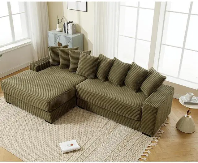 Main image of 111" W Modular Sectional Sofa with 8 Pillows, Comfy Corduroy Cloud Couch with Chaise, L-Shaped Modern 3-Seater Sofa for Living Room or Apartment (Green, Left-Facing Chaise)