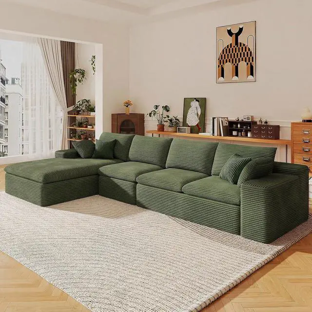 Alt view image 5 of 7 - 136" Cloud Sectional Couch with L-Shape Chaise, Modern Corduroy Viral Boneless Sofa for Living Room,Memory Foam Couches in a Box with Deep Seat,No Assembly Required (Green,Left-Facing Chaise)