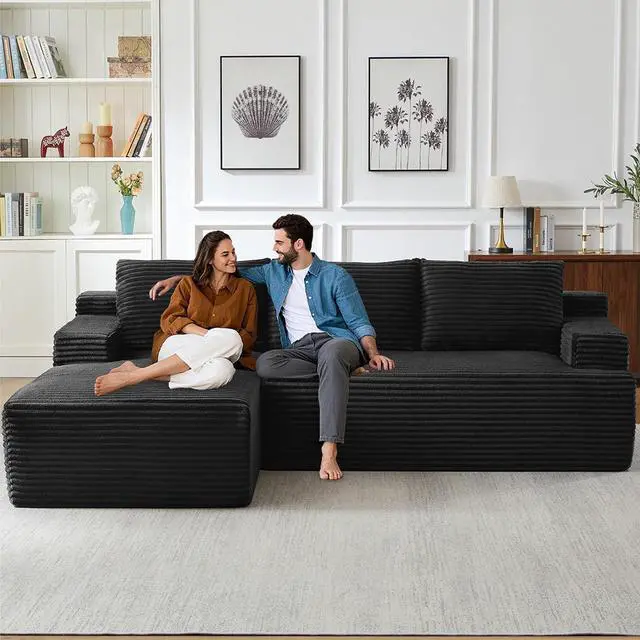 Alt view image 6 of 7 - 96" Cloud Sectional Couch with L-Shape Chaise, Modern Corduroy Boneless Couch for Living Room,Memory Foam Sofa with Deep Seat,No Assembly Required (Black,Left-Facing Chaise)
