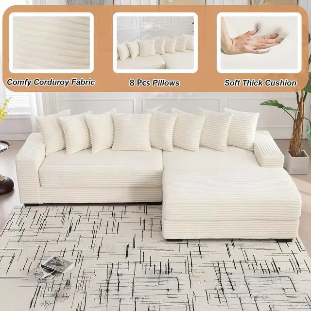 Alt view image 3 of 6 - 111" Modular Sectional Sofa with 8 Pillows, Comfy Corduroy Cloud Couch with Chaise, L-Shaped Modern 3-Seater Sofa for Living Room & Apartment (Beige, Right-Facing Chaise)