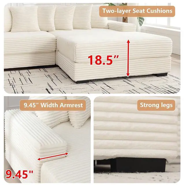 Alt view image 4 of 6 - 111" Modular Sectional Sofa with 8 Pillows, Comfy Corduroy Cloud Couch with Chaise, L-Shaped Modern 3-Seater Sofa for Living Room & Apartment (Beige, Right-Facing Chaise)