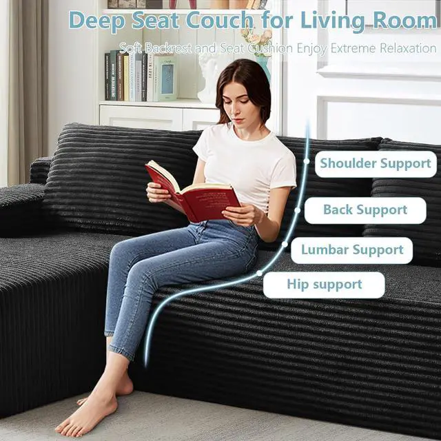 Alt view image 7 of 7 - 96" Cloud Sectional Couch with L-Shape Chaise, Modern Corduroy Boneless Couch for Living Room,Memory Foam Sofa with Deep Seat,No Assembly Required (Black,Left-Facing Chaise)