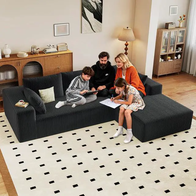 Main image of 96" Cloud Sectional Couch with L-Shape Chaise, Modern Corduroy Boneless Couch for Living Room,Memory Foam Sofa with Deep Seat,No Assembly Required (Black,Right-Facing Chaise)