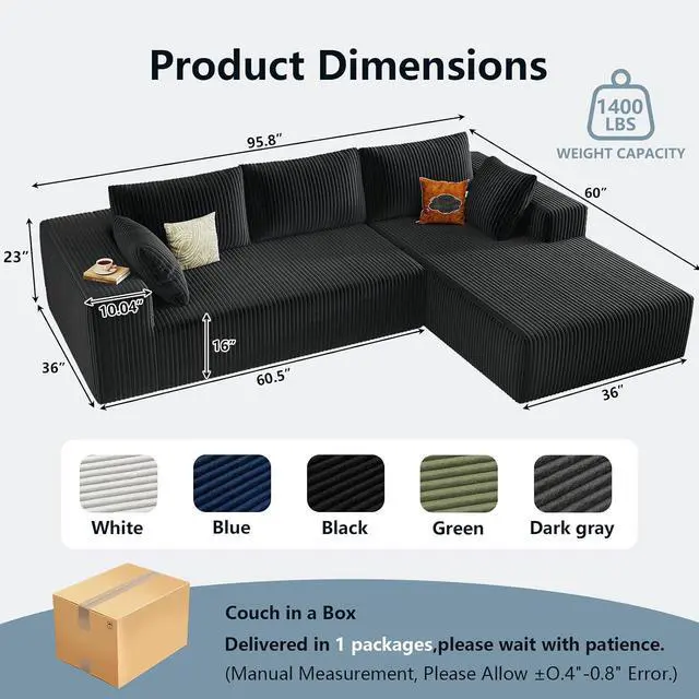 Alt view image 2 of 6 - 96" Cloud Sectional Couch with L-Shape Chaise, Modern Corduroy Boneless Couch for Living Room,Memory Foam Sofa with Deep Seat,No Assembly Required (Black,Right-Facing Chaise)