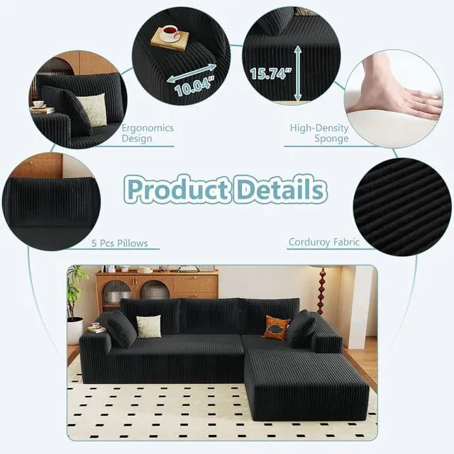 Alt view image 4 of 6 - 96" Cloud Sectional Couch with L-Shape Chaise, Modern Corduroy Boneless Couch for Living Room,Memory Foam Sofa with Deep Seat,No Assembly Required (Black,Right-Facing Chaise)