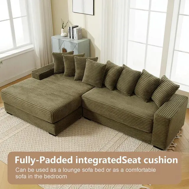 Alt view image 6 of 6 - 111" W Modular Sectional Sofa with 8 Pillows, Comfy Corduroy Cloud Couch with Chaise, L-Shaped Modern 3-Seater Sofa for Living Room or Apartment (Green, Left-Facing Chaise)