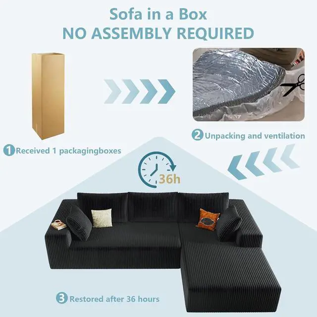 Alt view image 5 of 6 - 96" Cloud Sectional Couch with L-Shape Chaise, Modern Corduroy Boneless Couch for Living Room,Memory Foam Sofa with Deep Seat,No Assembly Required (Black,Right-Facing Chaise)