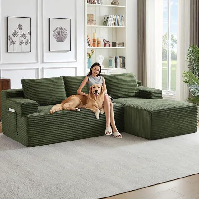 Main image of 96" Cloud Sectional Couch with L-Shape Chaise, Modern Corduroy Boneless Couch for Living Room,Memory Foam Sofa with Deep Seat,No Assembly Required (Green,Right-Facing Chaise)