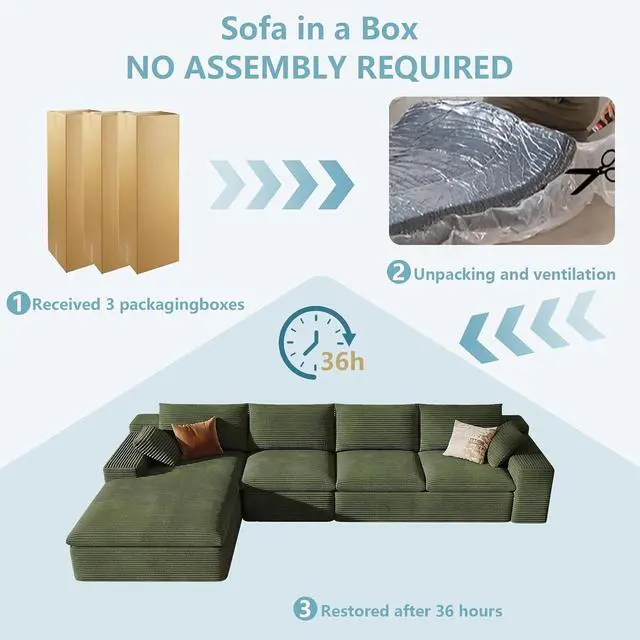 Alt view image 7 of 7 - 136" Cloud Sectional Couch with L-Shape Chaise, Modern Corduroy Viral Boneless Sofa for Living Room,Memory Foam Couches in a Box with Deep Seat,No Assembly Required (Green,Left-Facing Chaise)