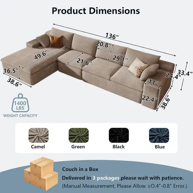 Alt view image 2 of 7 - 136" Cloud Sectional Couch with L-Shape Chaise, Modern Corduroy Viral Boneless Sofa for Living Room,Memory Foam Couches in a Box with Deep Seat,No Assembly Required (Camel,Left-Facing Chaise)