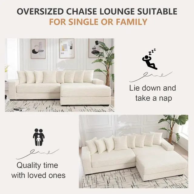 Alt view image 5 of 6 - 111" Modular Sectional Sofa with 8 Pillows, Comfy Corduroy Cloud Couch with Chaise, L-Shaped Modern 3-Seater Sofa for Living Room & Apartment (Beige, Right-Facing Chaise)