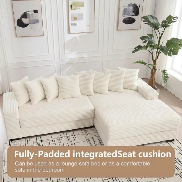Alt view image 6 of 6 - 111" Modular Sectional Sofa with 8 Pillows, Comfy Corduroy Cloud Couch with Chaise, L-Shaped Modern 3-Seater Sofa for Living Room & Apartment (Beige, Right-Facing Chaise)