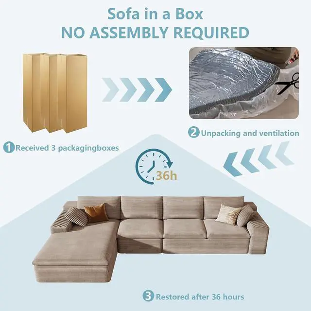 Alt view image 7 of 7 - 136" Cloud Sectional Couch with L-Shape Chaise, Modern Corduroy Viral Boneless Sofa for Living Room,Memory Foam Couches in a Box with Deep Seat,No Assembly Required (Camel,Left-Facing Chaise)