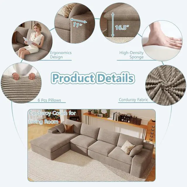 Alt view image 4 of 7 - 136" Cloud Sectional Couch with L-Shape Chaise, Modern Corduroy Viral Boneless Sofa for Living Room,Memory Foam Couches in a Box with Deep Seat,No Assembly Required (Camel,Left-Facing Chaise)