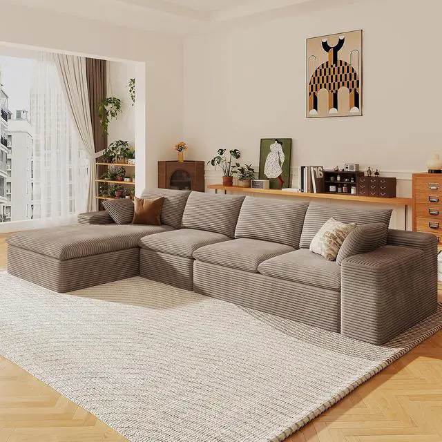 Alt view image 5 of 7 - 136" Cloud Sectional Couch with L-Shape Chaise, Modern Corduroy Viral Boneless Sofa for Living Room,Memory Foam Couches in a Box with Deep Seat,No Assembly Required (Camel,Left-Facing Chaise)