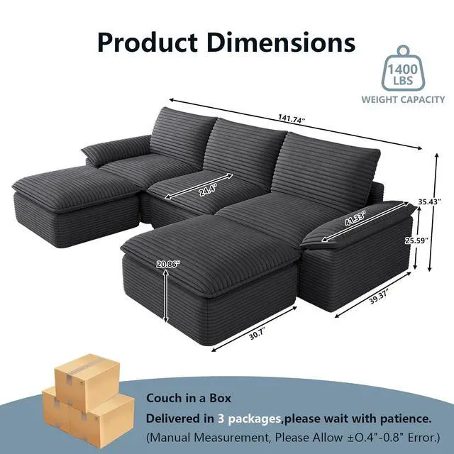 Alt view image 2 of 6 - 111" Cloud Sectional Couch with U-Shaped Chaise,Corduroy Viral Boneless Sofa with Ottoman,Memory Foam Couces in a Box with Deep Seat for Living Room,No Assembly Required (Dark Grey)