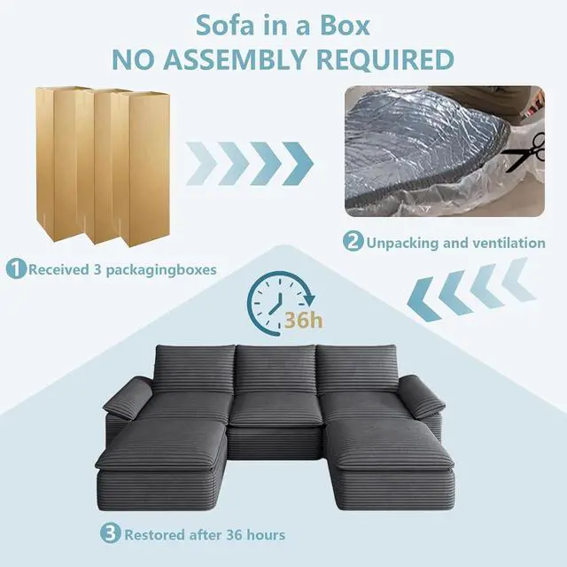 Alt view image 6 of 6 - 111" Cloud Sectional Couch with U-Shaped Chaise,Corduroy Viral Boneless Sofa with Ottoman,Memory Foam Couces in a Box with Deep Seat for Living Room,No Assembly Required (Dark Grey)
