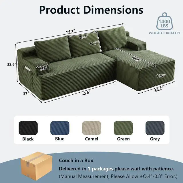 Alt view image 2 of 7 - 96" Cloud Sectional Couch with L-Shape Chaise, Modern Corduroy Boneless Couch for Living Room,Memory Foam Sofa with Deep Seat,No Assembly Required (Green,Right-Facing Chaise)