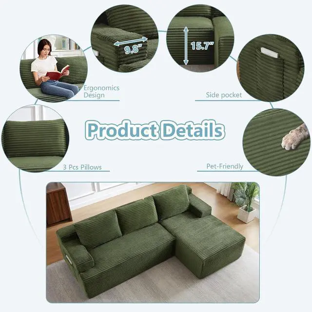 Alt view image 3 of 7 - 96" Cloud Sectional Couch with L-Shape Chaise, Modern Corduroy Boneless Couch for Living Room,Memory Foam Sofa with Deep Seat,No Assembly Required (Green,Right-Facing Chaise)