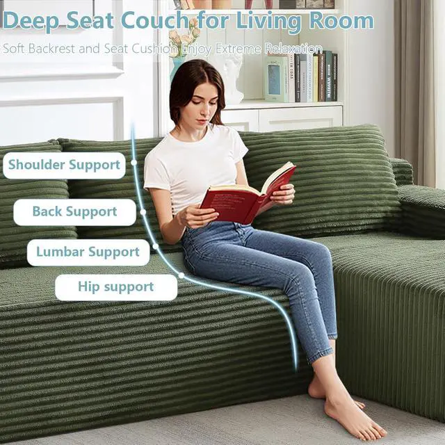 Alt view image 7 of 7 - 96" Cloud Sectional Couch with L-Shape Chaise, Modern Corduroy Boneless Couch for Living Room,Memory Foam Sofa with Deep Seat,No Assembly Required (Green,Right-Facing Chaise)