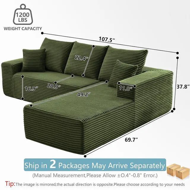 Alt view image 2 of 6 - 107" W Cloud Sectional Couch with L-Shape Chaise, Modern Corduroy Boneless Couch for Living Room,Memory Foam Sofa with Deep Seat,No Assembly Required (Green,Right-Facing Chaise)