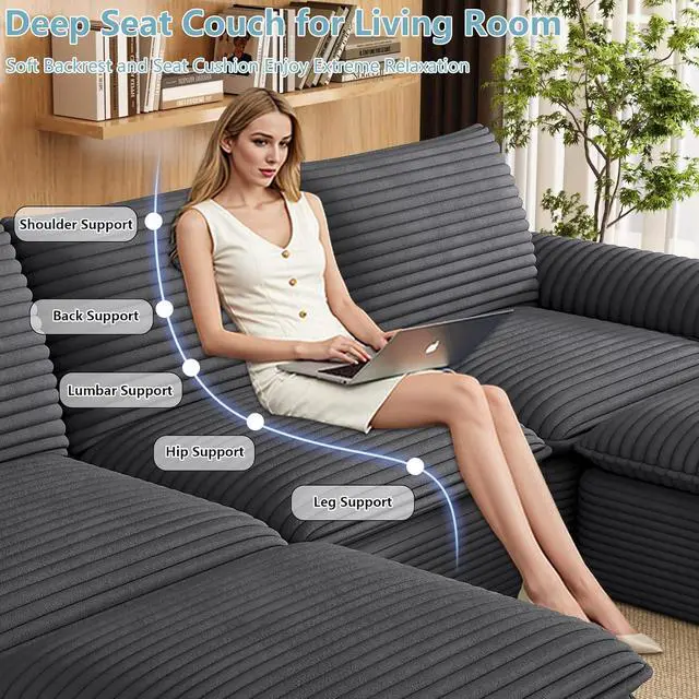 Alt view image 5 of 6 - 111" Cloud Sectional Couch with U-Shaped Chaise,Corduroy Viral Boneless Sofa with Ottoman,Memory Foam Couces in a Box with Deep Seat for Living Room,No Assembly Required (Dark Grey)