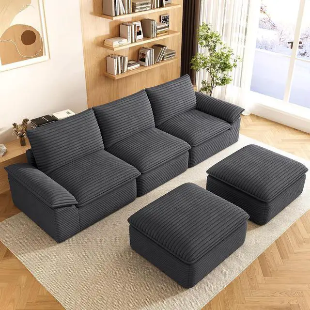 Alt view image 3 of 6 - 111" Cloud Sectional Couch with U-Shaped Chaise,Corduroy Viral Boneless Sofa with Ottoman,Memory Foam Couces in a Box with Deep Seat for Living Room,No Assembly Required (Dark Grey)