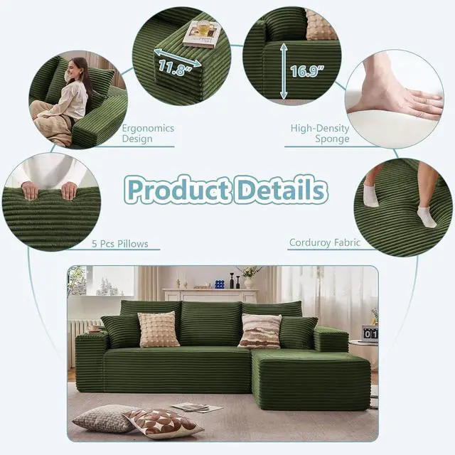 Alt view image 3 of 6 - 107" W Cloud Sectional Couch with L-Shape Chaise, Modern Corduroy Boneless Couch for Living Room,Memory Foam Sofa with Deep Seat,No Assembly Required (Green,Right-Facing Chaise)