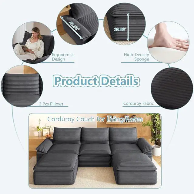 Alt view image 4 of 6 - 111" Cloud Sectional Couch with U-Shaped Chaise,Corduroy Viral Boneless Sofa with Ottoman,Memory Foam Couces in a Box with Deep Seat for Living Room,No Assembly Required (Dark Grey)