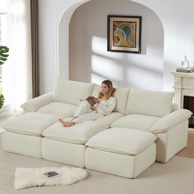 Main image of 111" Cloud Sectional Couch,Corduroy Viral Boneless Sofa with Ottomans,Memory Foam Couces in a Box with Deep Seat for Living Room,No Assembly Required (White)