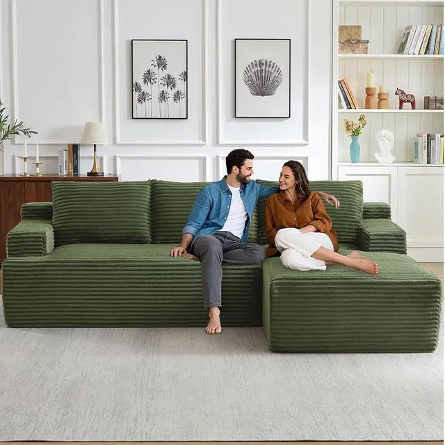Alt view image 5 of 7 - 96" Cloud Sectional Couch with L-Shape Chaise, Modern Corduroy Boneless Couch for Living Room,Memory Foam Sofa with Deep Seat,No Assembly Required (Green,Right-Facing Chaise)