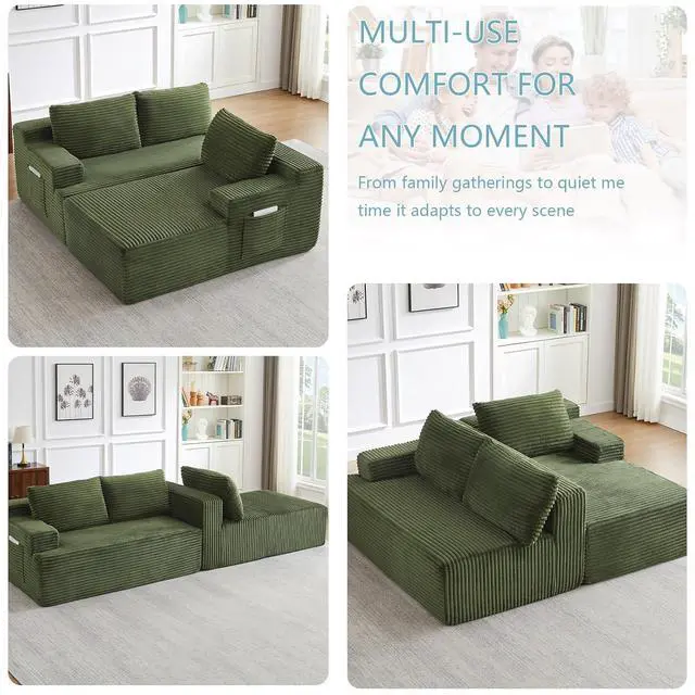 Alt view image 4 of 7 - 96" Cloud Sectional Couch with L-Shape Chaise, Modern Corduroy Boneless Couch for Living Room,Memory Foam Sofa with Deep Seat,No Assembly Required (Green,Right-Facing Chaise)