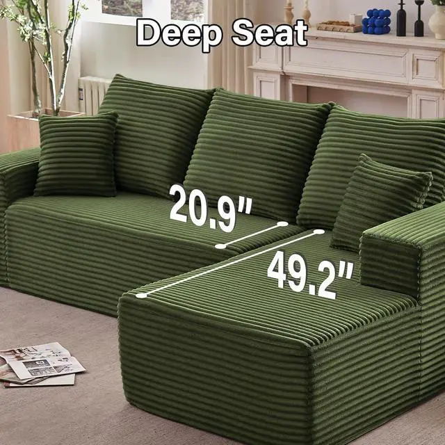 Alt view image 4 of 6 - 107" W Cloud Sectional Couch with L-Shape Chaise, Modern Corduroy Boneless Couch for Living Room,Memory Foam Sofa with Deep Seat,No Assembly Required (Green,Right-Facing Chaise)