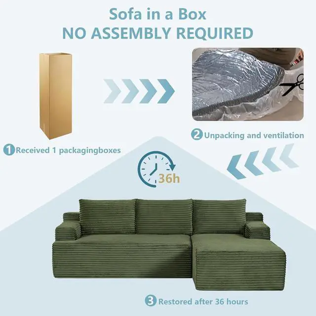 Alt view image 6 of 7 - 96" Cloud Sectional Couch with L-Shape Chaise, Modern Corduroy Boneless Couch for Living Room,Memory Foam Sofa with Deep Seat,No Assembly Required (Green,Right-Facing Chaise)