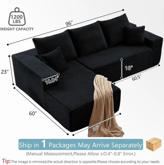 Alt view image 2 of 7 - 96" Boneless Couches for Living Room, Small Corduroy Cloud Sofa Sectional with L-Shape Chaise, Modular Memory Foam Compressed Couch for Bedroom, Apartment, No Assembly(Black,Left-Facing Chaise)
