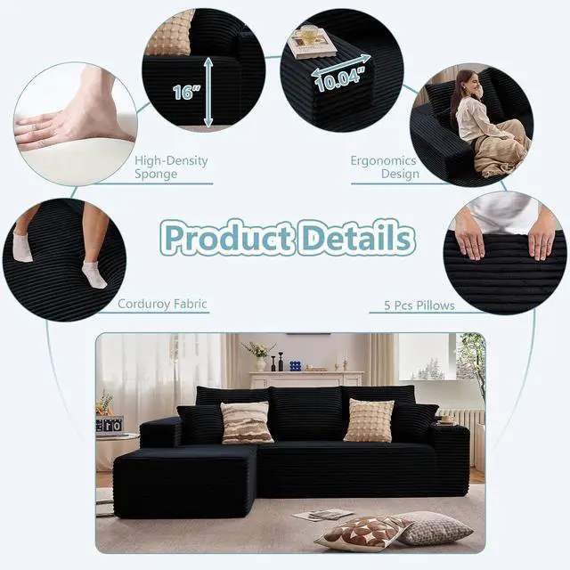 Alt view image 4 of 7 - 96" Boneless Couches for Living Room, Small Corduroy Cloud Sofa Sectional with L-Shape Chaise, Modular Memory Foam Compressed Couch for Bedroom, Apartment, No Assembly(Black,Left-Facing Chaise)