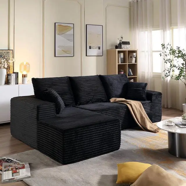 Alt view image 5 of 7 - 96" Boneless Couches for Living Room, Small Corduroy Cloud Sofa Sectional with L-Shape Chaise, Modular Memory Foam Compressed Couch for Bedroom, Apartment, No Assembly(Black,Left-Facing Chaise)