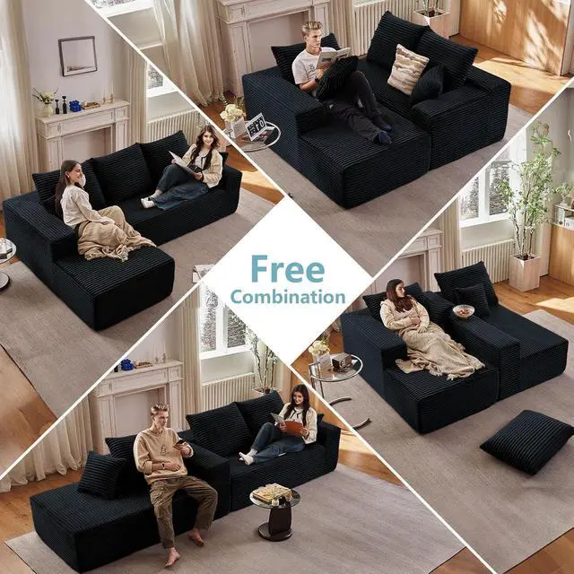 Alt view image 6 of 7 - 96" Boneless Couches for Living Room, Small Corduroy Cloud Sofa Sectional with L-Shape Chaise, Modular Memory Foam Compressed Couch for Bedroom, Apartment, No Assembly(Black,Left-Facing Chaise)