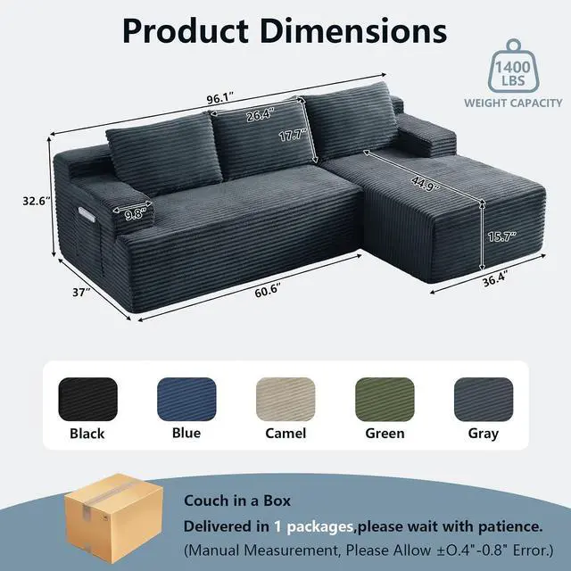 Alt view image 2 of 7 - 96" Cloud Sectional Couch with L-Shape Chaise, Modern Corduroy Boneless Couch for Living Room,Memory Foam Sofa with Deep Seat,No Assembly Required (Dark Gray,Right-Facing Chaise)