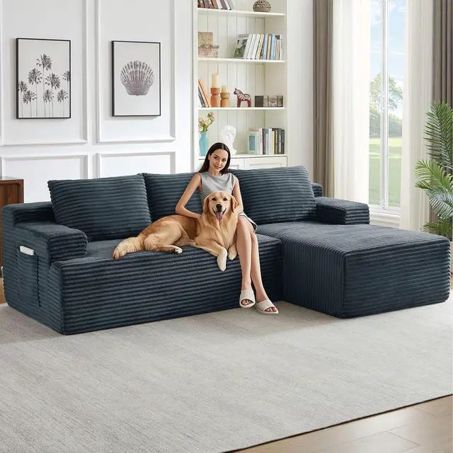 Main image of 96" Cloud Sectional Couch with L-Shape Chaise, Modern Corduroy Boneless Couch for Living Room,Memory Foam Sofa with Deep Seat,No Assembly Required (Dark Gray,Right-Facing Chaise)
